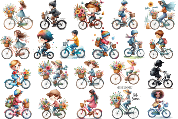 21 Watercolor Riding Bicycle Bundle: Editorial Illustrations