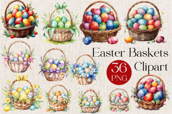 36 Watercolor Easter Baskets Clipart Illustrations