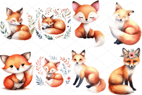 8 Watercolor Fox Clipart PNG Bundle Illustrations