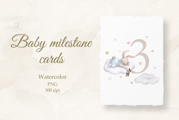 Baby Milestone Card Watercolor 3 Months Illustrations