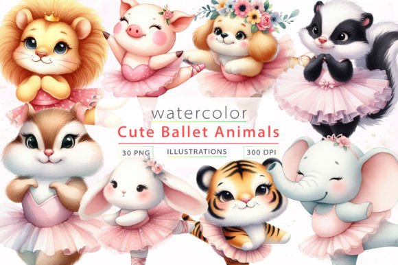 Ballet Animals Watercolor Clipart Illustrations
