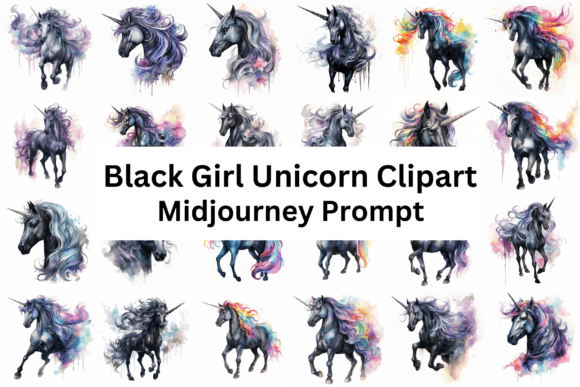 Black Unicorn Watercolor Clipart for Embroidery