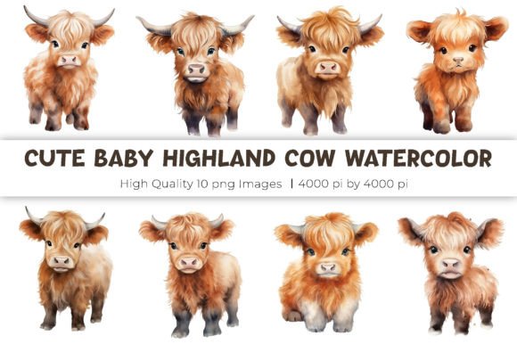 Cute Baby Highland Cow Watercolor Illustrations