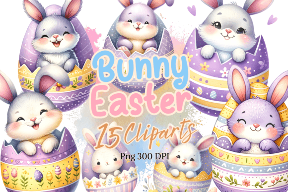 Cute Bunny in Easter Egg Watercolor Illustrations