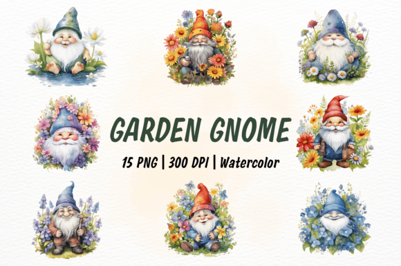 Cute Garden Gnome Watercolor Clipart Illustrations