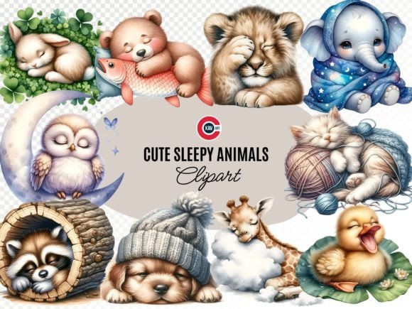 Cute Sleepy Animals Watercolor Clipart Illustrations