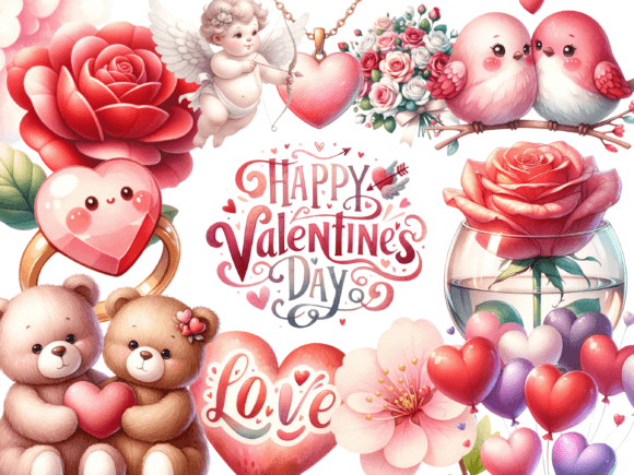 Valentine Watercolor Clipart Set: Editorial Illustrations