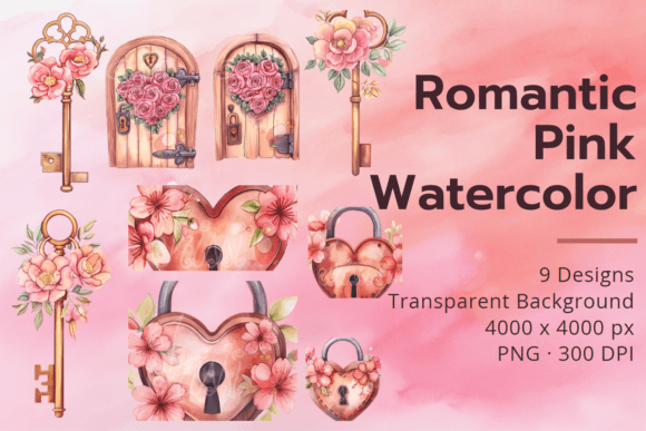 Valentines Day Pink Watercolor Clipart Illustrations