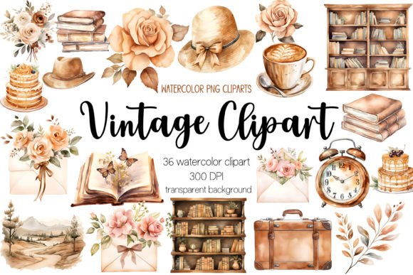 Vintage Clipart Bundle: Watercolor PNGs for Embroidery