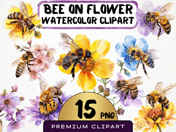 Watercolor Bee on Flower Clipart 15 PNG Illustrations