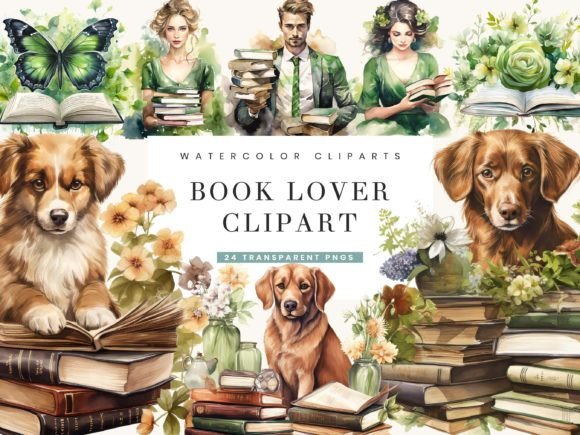 Watercolor Book Lover Clipart Bundle: Editorial Illustrations