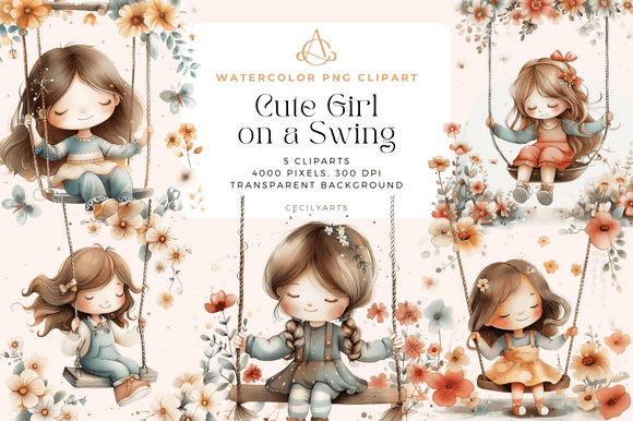 Watercolor Cute Girl on a Swing Cliparts Illustrations