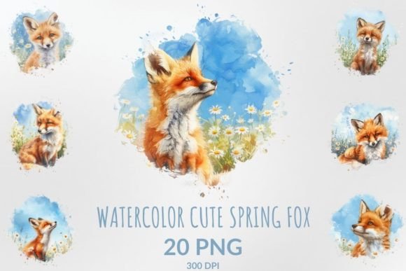 Watercolor Cute Spring Fox Illustrations for Branding