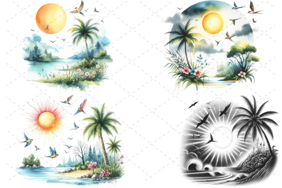 Watercolor Drawing Nature Scene Bundle Illustrations