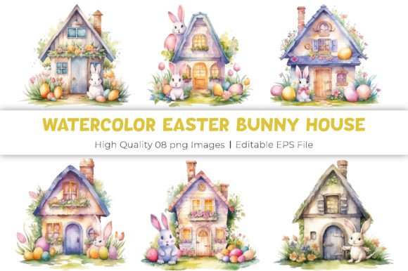 Watercolor Easter Bunny House Clipart Illustrations