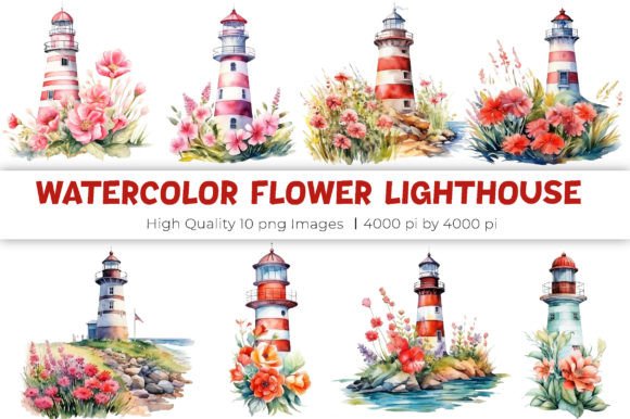 Watercolor Flower Lighthouse Clipart Illustrations