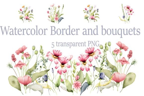 Watercolor Flowers Border and Bouquets Illustrations