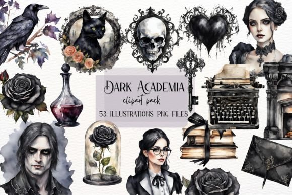 Watercolor Gothic Academia Illustrations for Editorial Design