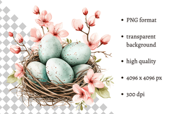Watercolor Mint Easter Eggs Nest PNG Illustrations
