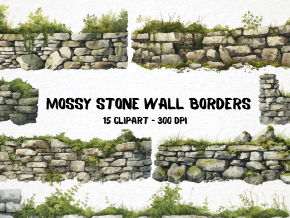 Watercolor Mossy Stone Wall Borders PNG Illustrations