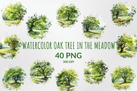 Watercolor Oak Tree in the Meadow Illustrations