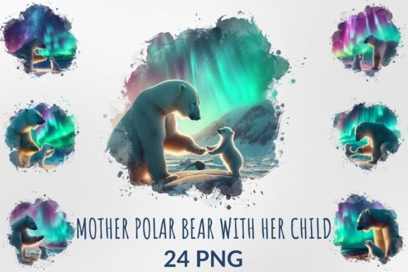 Watercolor Polar Bear with Her Child Illustrations