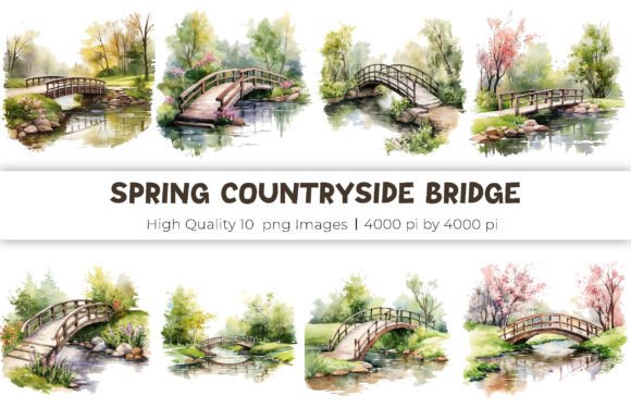 Watercolor Spring Countryside Bridge Illustrations Review