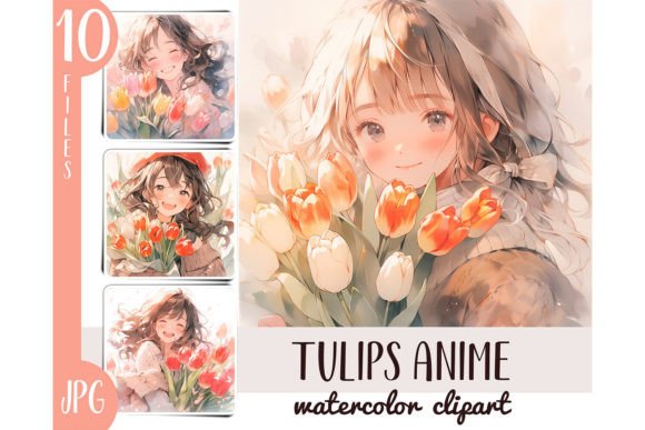 Watercolor Tulips Girl Anime Clipart JPG for Illustrations